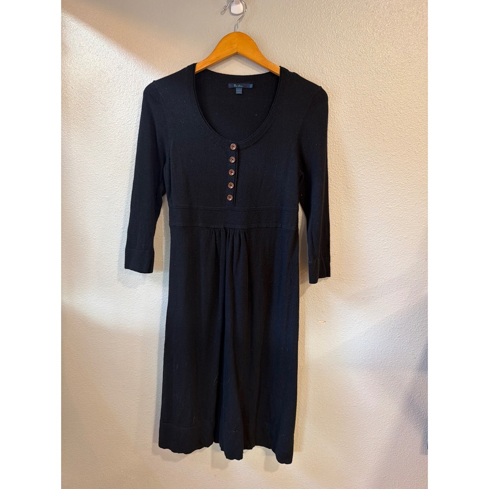 Boden‎ Sweater Dress Womens 12R Black Henley Empire Waist 3/4 Sleeve Knit